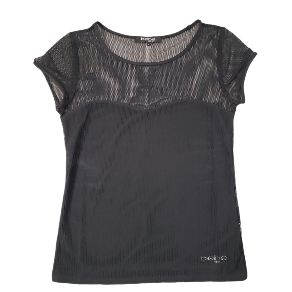 Bebe Sport Women's Black Mesh‎ Short Sleeve Top Reflective Stripe Size Small